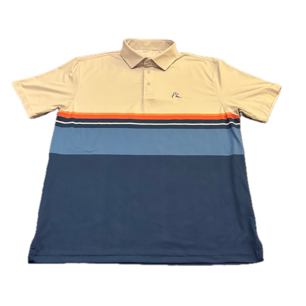 Rhoback Mens Performance Polo Shirt Large Tan Blue Orange Striped Golf Short Slv